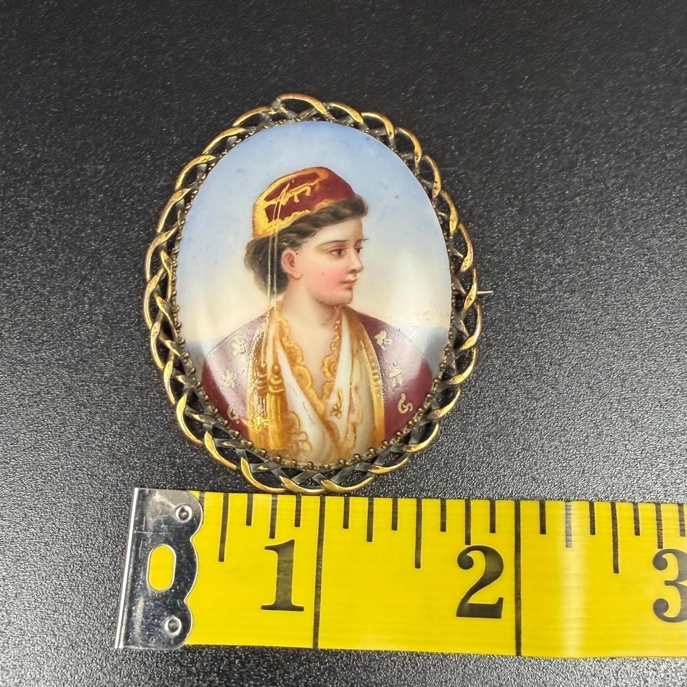 Antique Hand Painted Porcelain Portrait Brooch Woman Greek Ottoman Costume - Picture 11 of 11